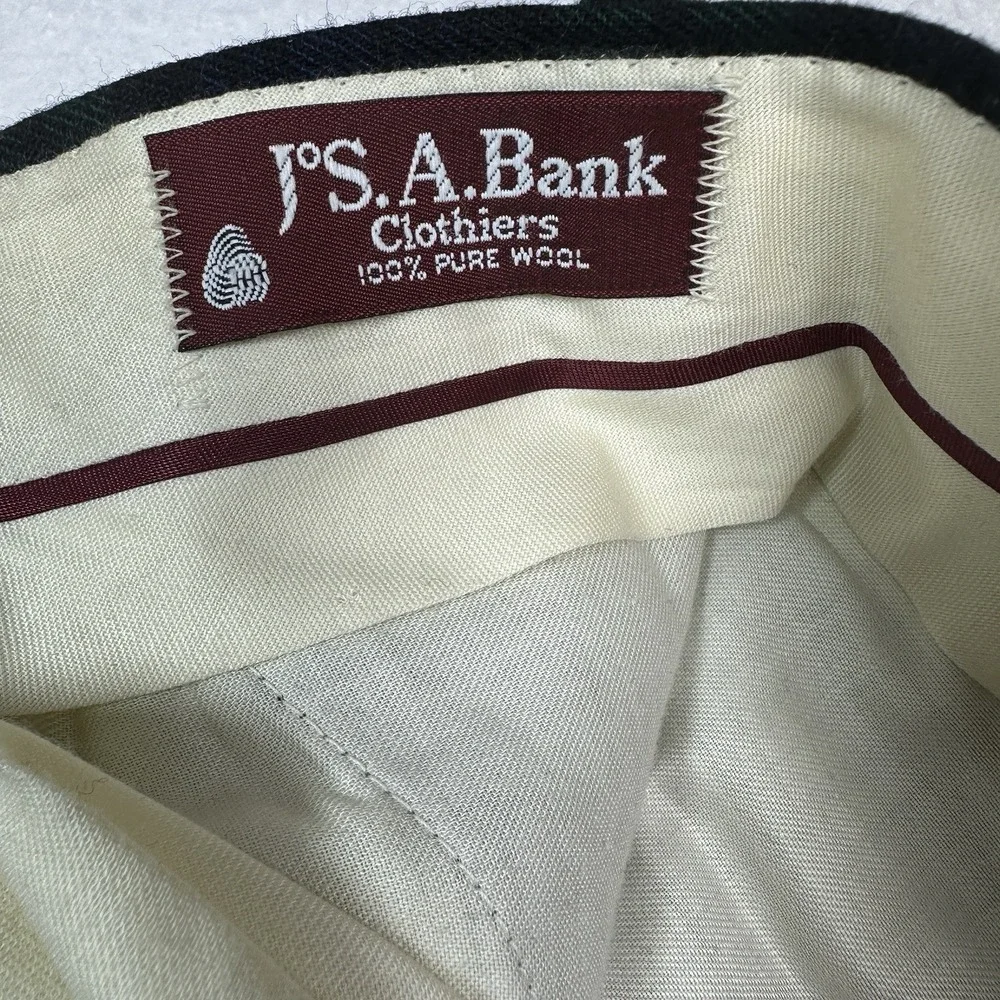 Vtg Jos A Bank Mens 32x28 Green Blue Plaid 100% Wool Dress Pleat Pants USA Made